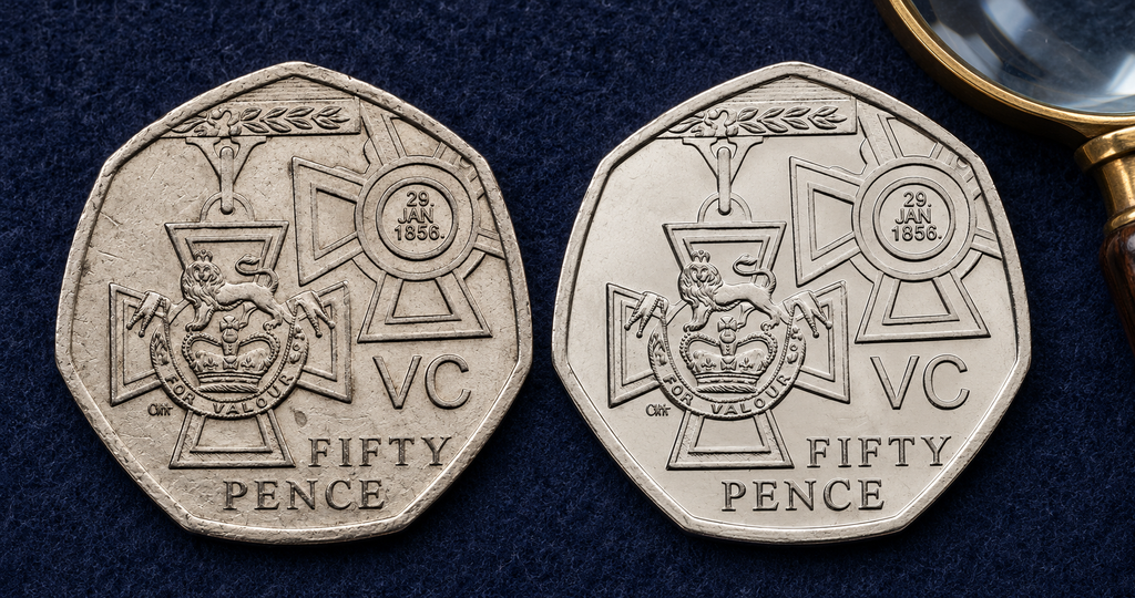 Two Victoria Cross Medal 50p coins showing different levels of wear and surface detail beside a magnifying glass.