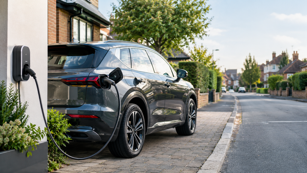 Plug-in hybrid car charging at a UK home before an everyday journey