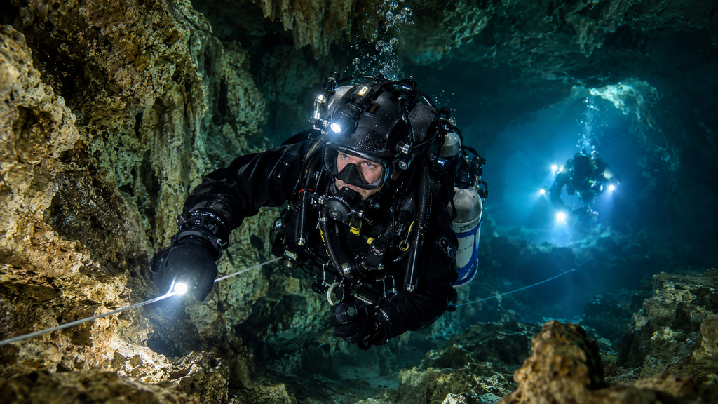 Erik Brown cave rescue diver during an underwater cave rescue operation