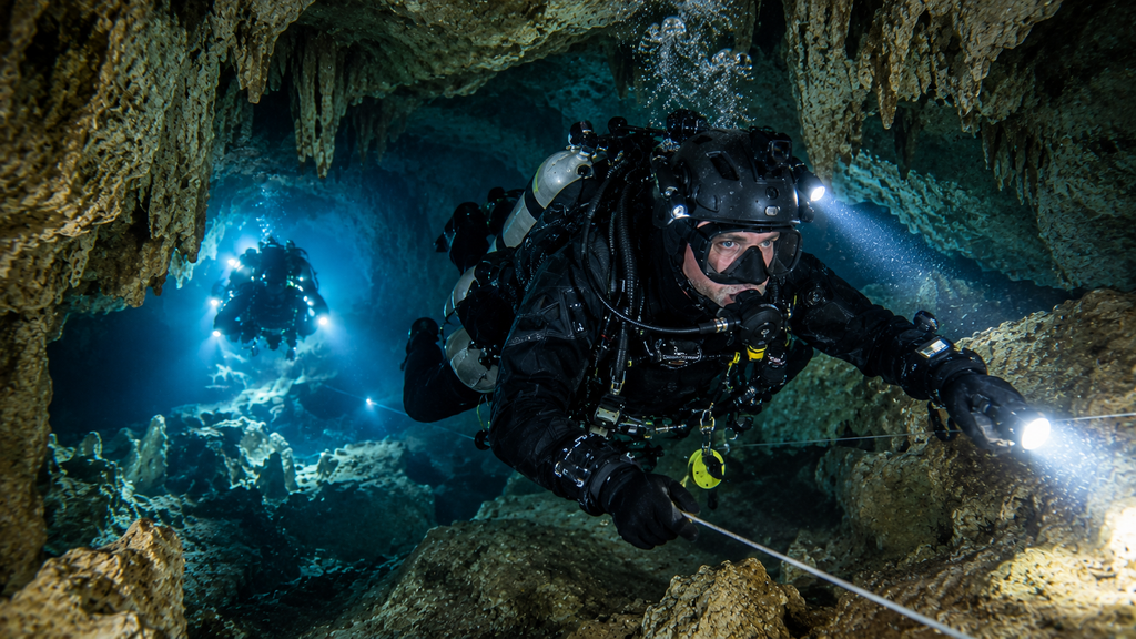 Technical cave rescue diver navigating a flooded cave during a high-risk rescue mission