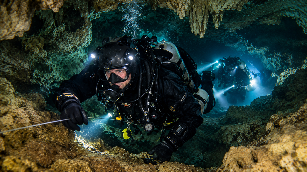 Cave rescue diver remaining calm while navigating a high-risk flooded cave rescue