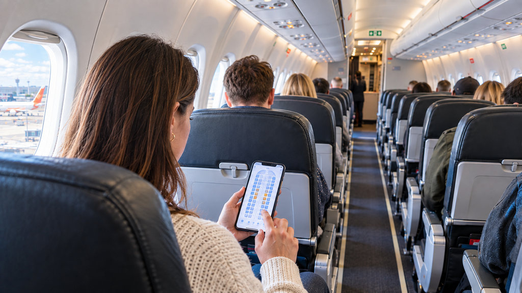 Traveller reading an EasyJet aircraft seating plan before choosing a flight seat