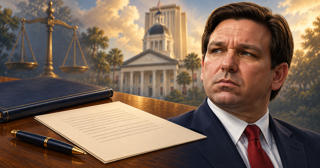 Editorial illustration of Ron DeSantis beside legal documents, with the Florida State Capitol in the background.
