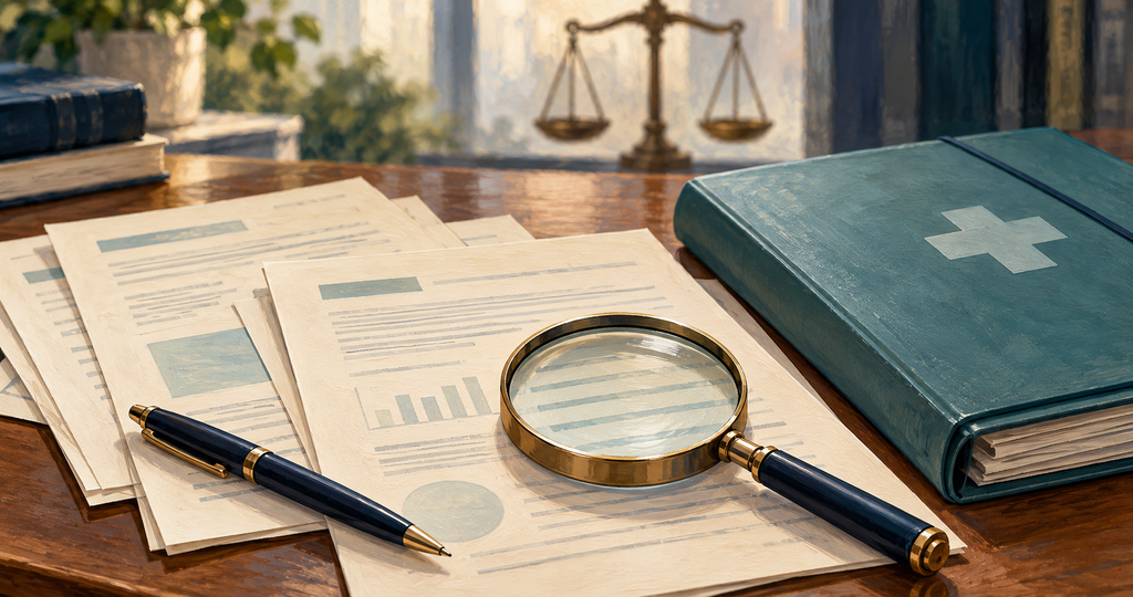 Conceptual illustration of evaluation documents and a medical folder being reviewed, with a justice symbol in the background.
