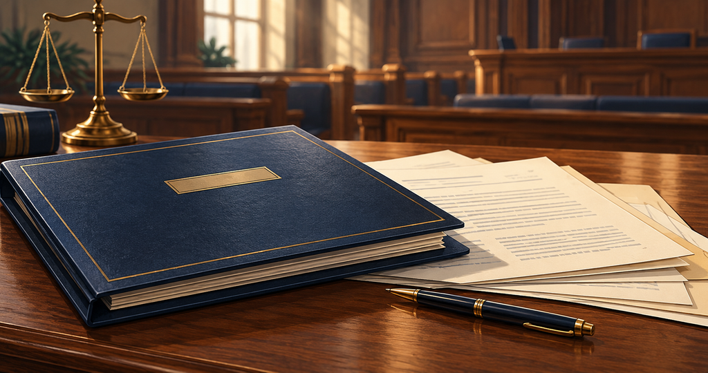 Conceptual illustration of a legal case folder and court documents, with a justice symbol and courtroom benches in the background.