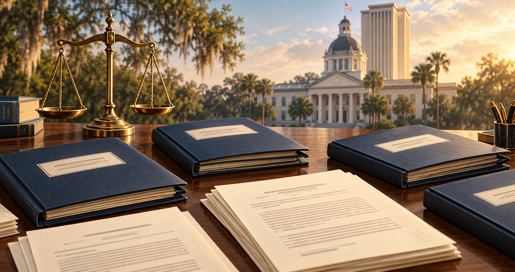 Conceptual illustration of legal folders and a justice symbol, with the Florida State Capitol in the background.