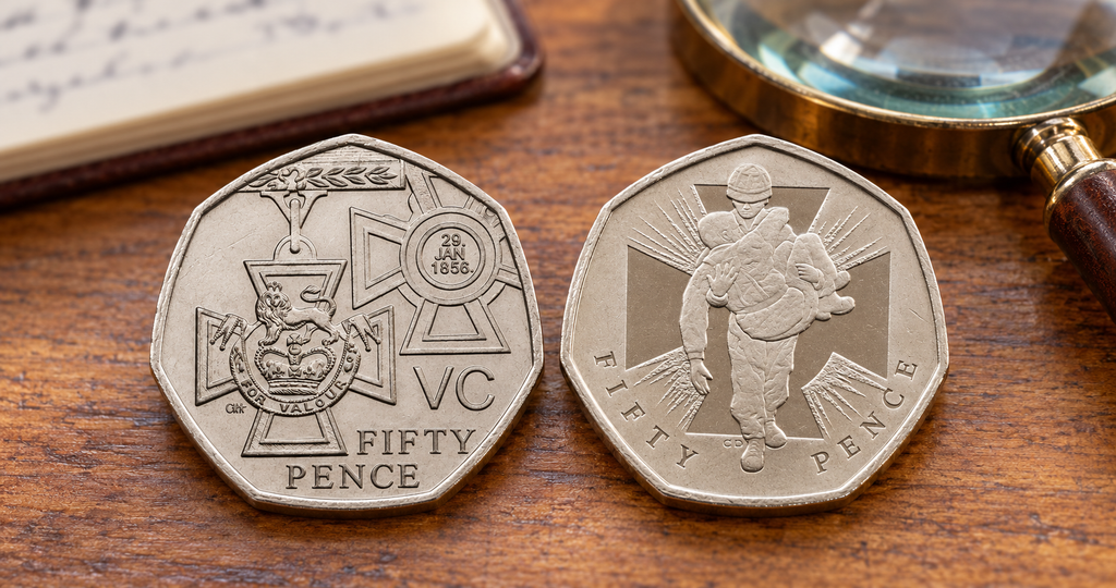 Victoria Cross Medal and Heroic Acts 50p coins beside a magnifying glass on a wooden desk.