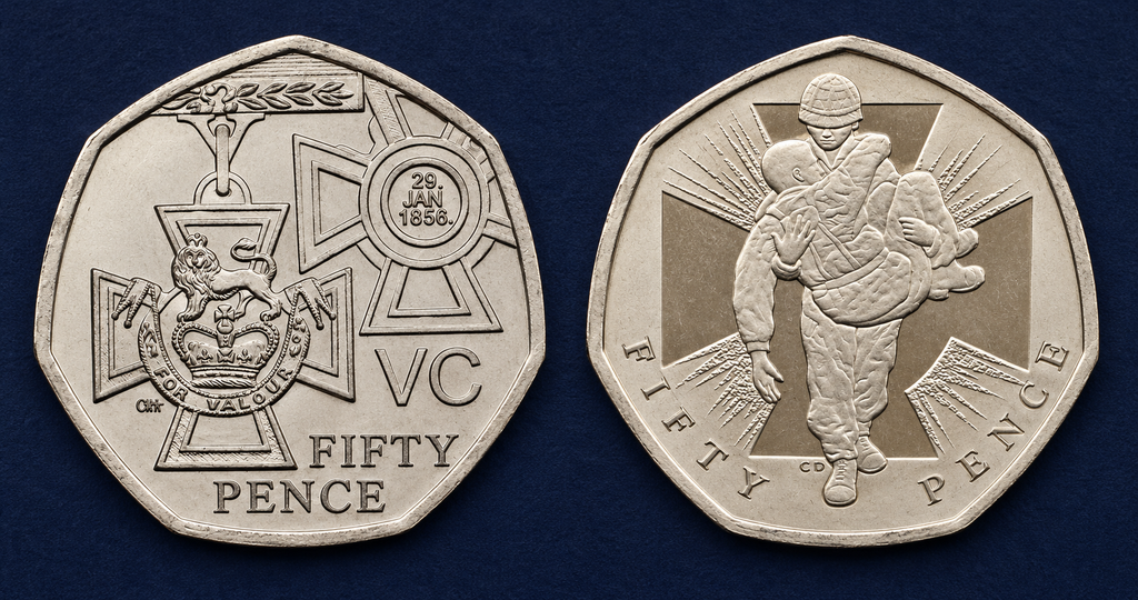 Victoria Cross Medal 50p on the left and Heroic Acts 50p showing a soldier carrying a wounded colleague on the right.