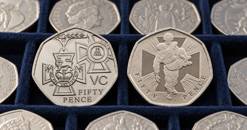 Two Victoria Cross 50p designs in the foreground of a collector’s tray containing rows of silver-coloured coins.